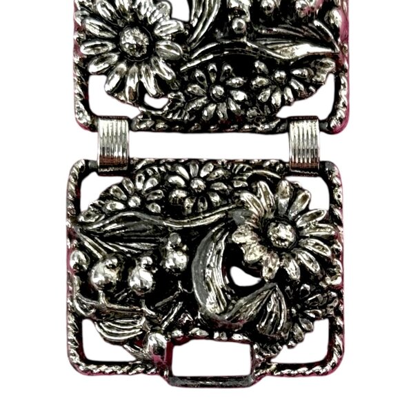 Vintage Sarah Coventry Floral SilverTone Panel Bracelet Antique Garden Sunflower - Picture 9 of 12